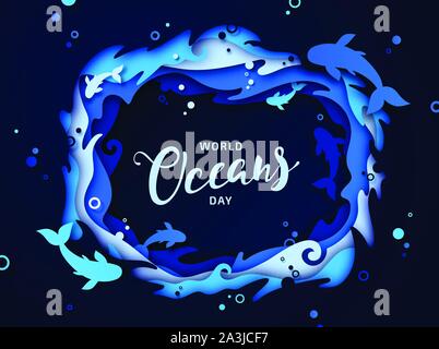 World Oceans Day, paper art. Global celebrate dedicated to help protect and conserve world oceans, problem of water plastic pollution, ecology. Poster Stock Vector