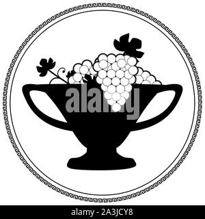 Fruit bowl with grape leaves and grapes. Vine. Greek circular ornament around. Ancient Greece style Stock Vector
