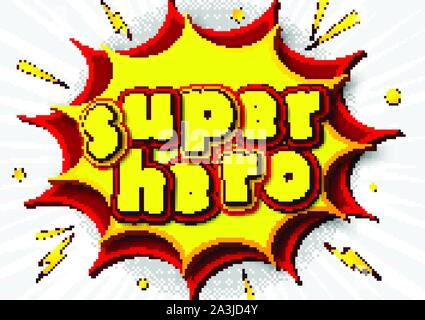 Superhero, cartoon background in comics book and pop art style with speech bubble. Poster with multilayer and multicolored funny yellow-red letters, b Stock Vector
