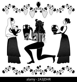 Women holding vessel and fruit bowl and man or God Dionysus kneeling, grabbing amphora and crowned with grape leaves and grapes. Vine ornaments and bu Stock Vector