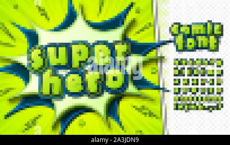 3d letters in pop art style. Multilayer blue-green alphabet for comics book page, decoration of children illustration, headline, posters or banners. C Stock Vector