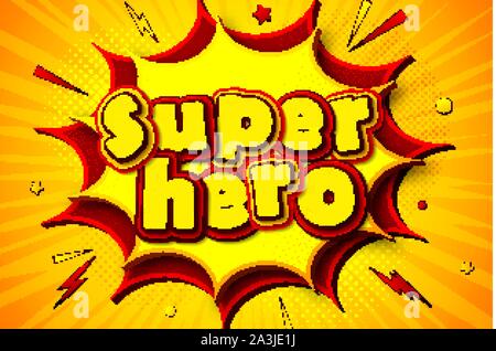 Cartoon comics book Superhero. Poster in pop art style with speech bubbles, multilayer funny letters, halftone and sound effects on yellow striped bac Stock Vector