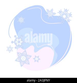 Liquid sky with snowflakes concept. Copy space Season Outdoor abstract vector illustration. Winter nature background round shape. Organic design template in flat style on isolated white backdrop. Stock Vector