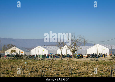 GEVGELIJA, MACEDONIA - DECEMBER 13, 2015: Panorama of the Vinojug UNHCR camp near city of Eidomeni Idomeni in Greece on the border with macedonia, on Stock Photo