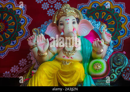 Decoreted Ganesh idol during Ganesh Chaturthi festival in Mumbai India Stock Photo