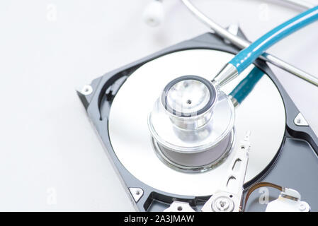 Hard disk drive inside. Data safety concept. Stock Photo