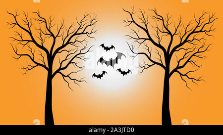 Halloween scary background. Spooky forest with full moon and flying ...