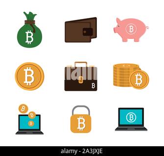 bundle of bitcoins with set icons Stock Vector