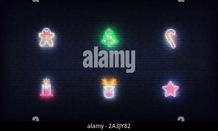 Christmas neon icons. Vector glowing neon colorful symbols for Xmas and New Year Stock Vector
