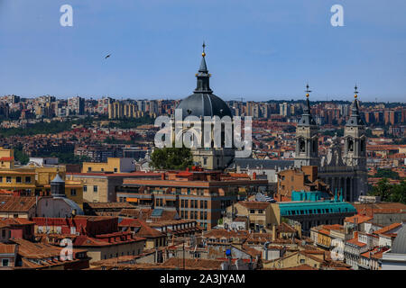 Madrid, Spain - June 4, 2017: Aerial view of the Madrid cityscape and Almudena Cathedral rooftops in the city center from Corte Ingles shopping center Stock Photo