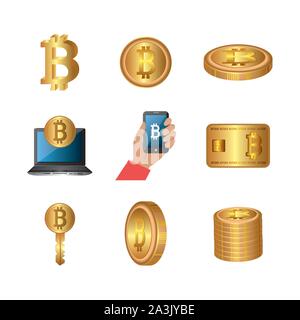 bundle of bitcoins with set icons Stock Vector