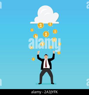 Success businessman with cloud and money rain. Vector illustration Stock Vector