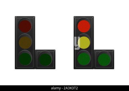 Set of traffic lights. Red, yellow and green. The traffic is straight, right. Vector illustration. Road sign. Stock Vector