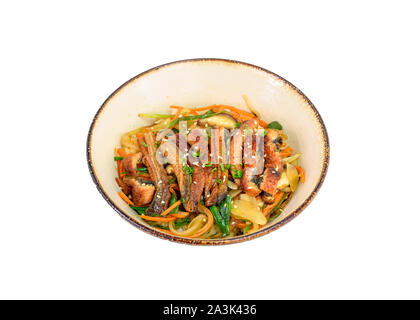 Donburi Unagi or eel slices with rice, vegetables in ceramic bowl. isolated on white background Stock Photo