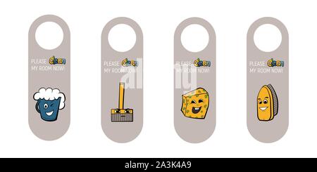 Set of door hangers. Vector illustration. Please clean my room now. Stock Vector