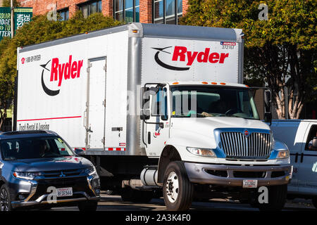 Sep 20, 2019 San Francisco / CA / USA - Ryder truck driving in downtown San Francisco; Ryder System, Inc. is an American provider of transportation an Stock Photo