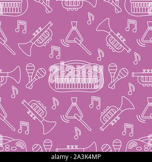 Vector seamless pattern with children's musical toys. Illustration with musical instruments. Maracas, synthesizer, trumpet, triangle and notes. Toys f Stock Vector