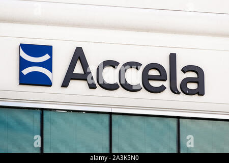 Sep 25, 2019 San Ramon / CA / USA - Accela logo at their headquarters in East San Francisco Bay; Accela Inc designs and delivers government software Stock Photo