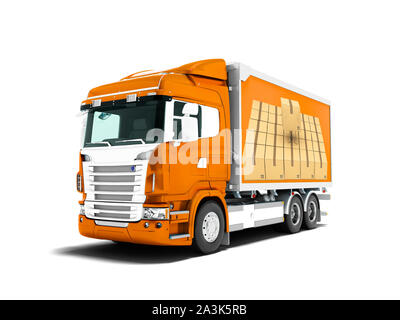 Modern orange truck with an orange trailer with white inserts for carrying cargo 3D render on white background with shadow Stock Photo