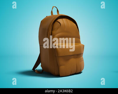 Modern brown leather backpack in school for children and teens right view 3D render on blue background with shadow Stock Photo