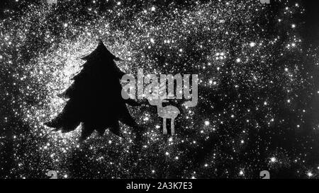 Creative silhouette of christmas tree and deer on blackboard in winter snowstorm or snowfall. Copy space. Banner format. Stock Photo