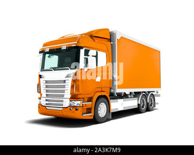 Modern orange truck with an orange trailer with white inserts to transport goods 3D render on white background with shadow Stock Photo