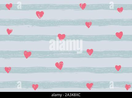 Pink confetti hearts on a striped background. Seamless pattern. Hand painted brush strokes. Stock Vector