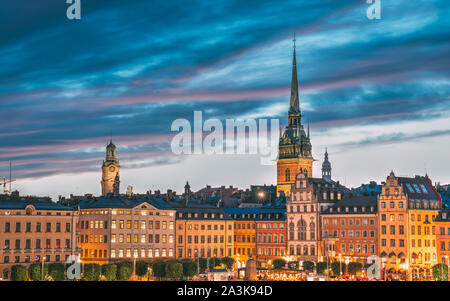 Stockholm, Sweden. Scenic View Of Skyline At Evening Night. Tower Of Storkyrkan - The Great Church Or Church Of St. Nicholas And German St Gertrude's Stock Photo