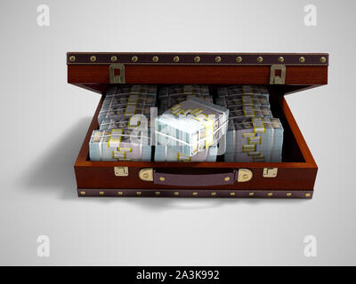 Brown open suitcase with tree with bundles of money front view 3d render on gray background with shadow Stock Photo