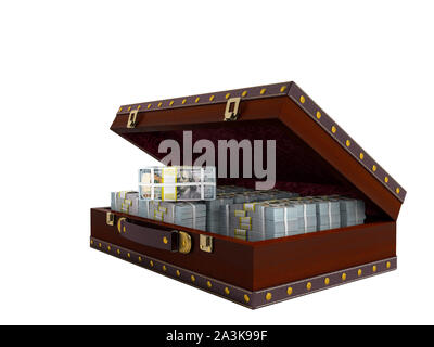 Brown open suitcase with tree with bundles of money right view 3d render on white background no shadow Stock Photo