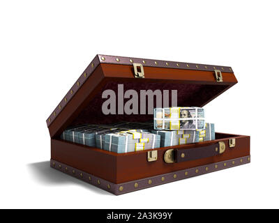 Brown open suitcase with tree with bundles of money view left 3d render on white background with shadow Stock Photo