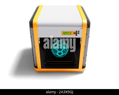 Modern white 3d printer for work with geometric model blue top view render on white background with shadow Stock Photo