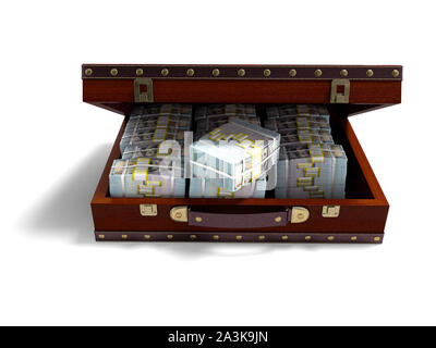 Brown open suitcase with tree with bundles of money front view 3d render on white background with shadow Stock Photo