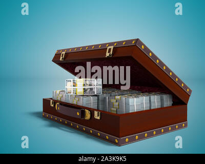 Brown open suitcase with tree with bundles of money right view 3d render on blue background with shadow Stock Photo