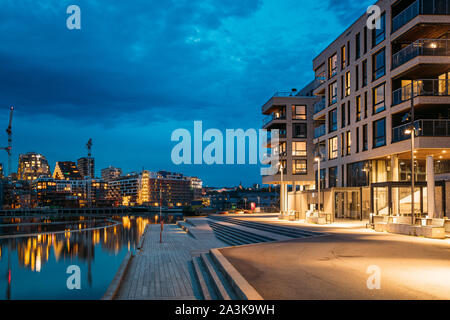 Oslo, Norway - June 25, 2019: Night View Embankment And Residential Multi-storey House On Sorengkaia Street In Gamle Oslo District. Residential Area I Stock Photo