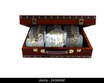 Brown open suitcase with tree with bundles of money front view 3d render on white background no shadow Stock Photo