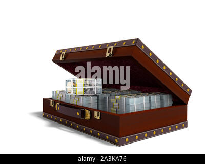 Brown open suitcase with tree with bundles of money right view 3d render on white background with shadow Stock Photo