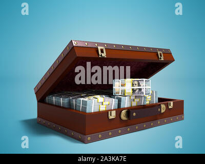 Brown open suitcase with tree with bundles of money view left 3d render on blue background with shadow Stock Photo