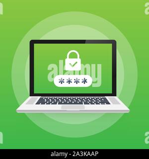 Computer security concept. Laptop with shield and lock on table. Flat vector stock illustration. Stock Vector