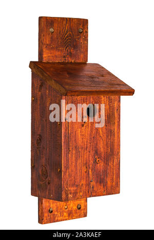 A handmade nest box for small birds isolated on white background side view Stock Photo