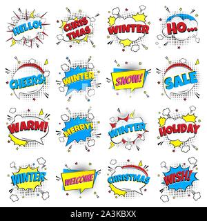 16 Comic Winter Lettering In The Speech Bubbles Comic Style Flat Design. Dynamic Pop Art Vector Illustration Isolated On White Background. Exclamation Stock Vector