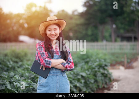Asian women Agronomist and farmer Using Technology for inspecting in Agricultural and organic vegetable Field Stock Photo