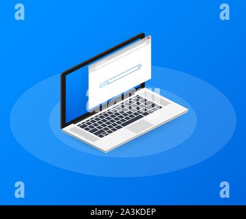 Simple browser window on laptop on blue background. Browser search. Web browser in flat style.  Vector stock illustration. Stock Vector
