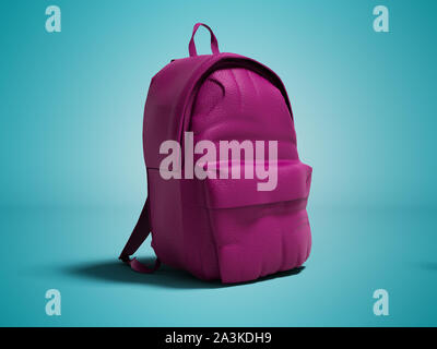 Modern raspberry leather backpack in school for children and teens left view 3D rendering on blue background with shadow Stock Photo