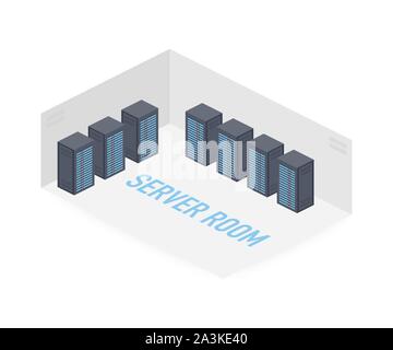 Server room isometric image, information storage and processing room. Vector stock illustration. Stock Vector