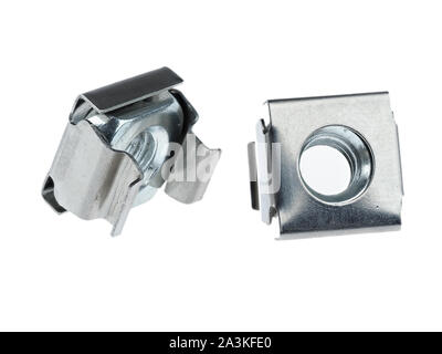Cage Nuts consists of a nut in a spring steel cage which wraps around the nut. They are mainly used to mount equipment in square-holed 19-inch racks. Stock Photo