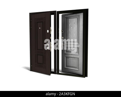 Concept outdoor armored open front door 3d render on white background with shadow Stock Photo
