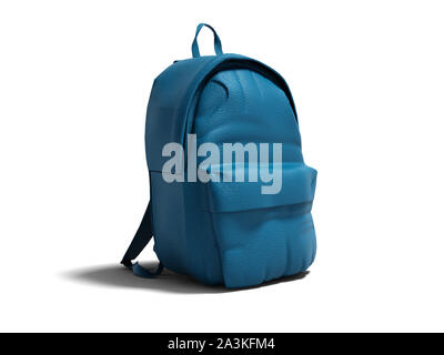 Modern blue leather backpack in school for children and teens left view 3D render on white background with shadow Stock Photo