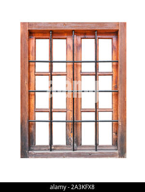 Wooden window with iron bars isolated on white background Stock Photo