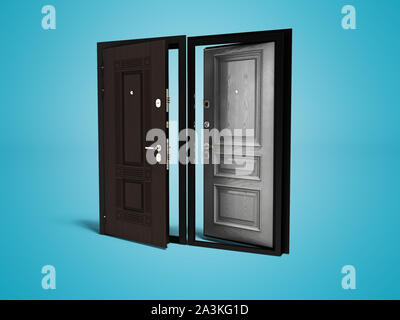 Concept outdoor armored open front door 3d render on blue background with shadow Stock Photo